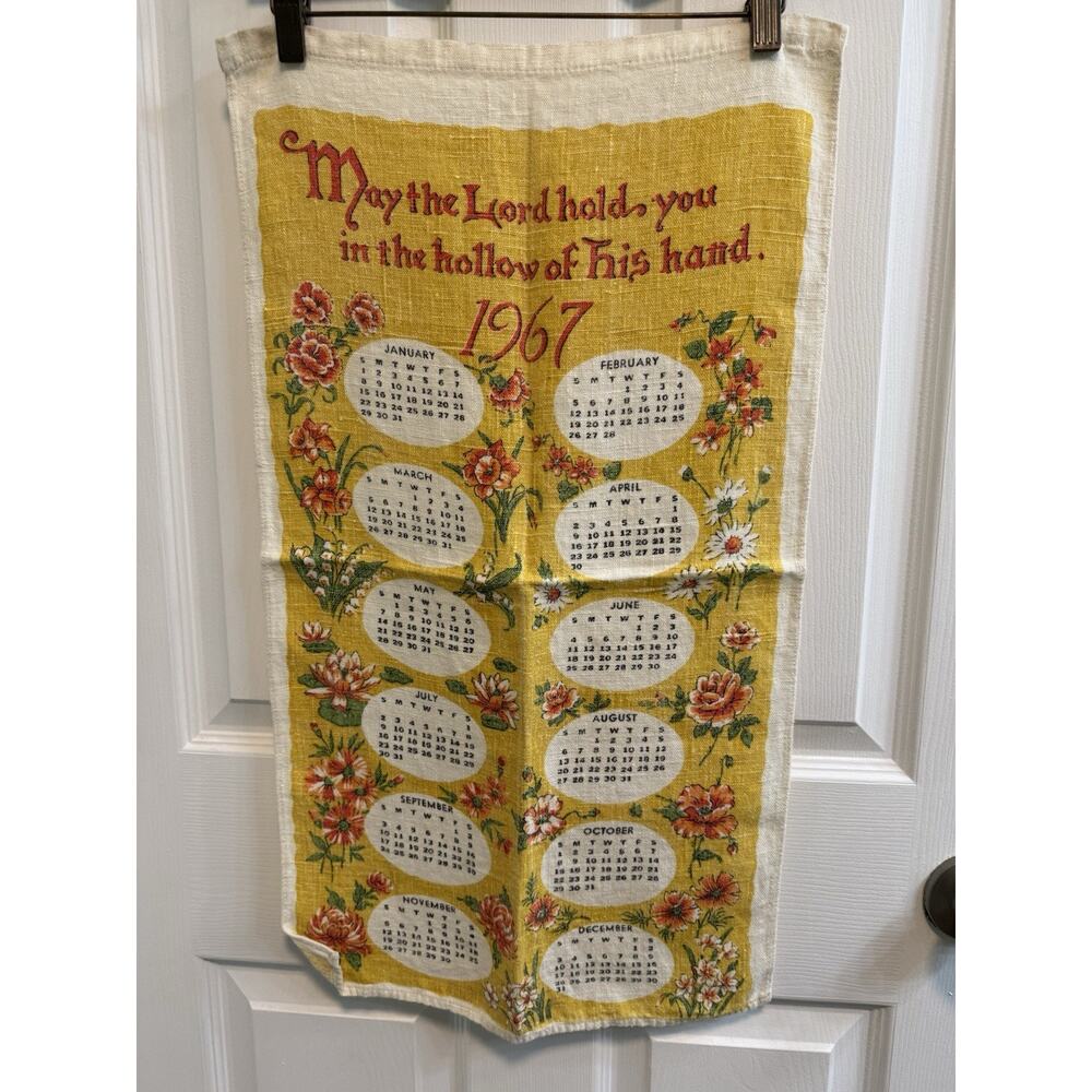 Vintage Linen Tea Towel 1967 Calendar “May The Lord Hold You 27” X 15” Yellow